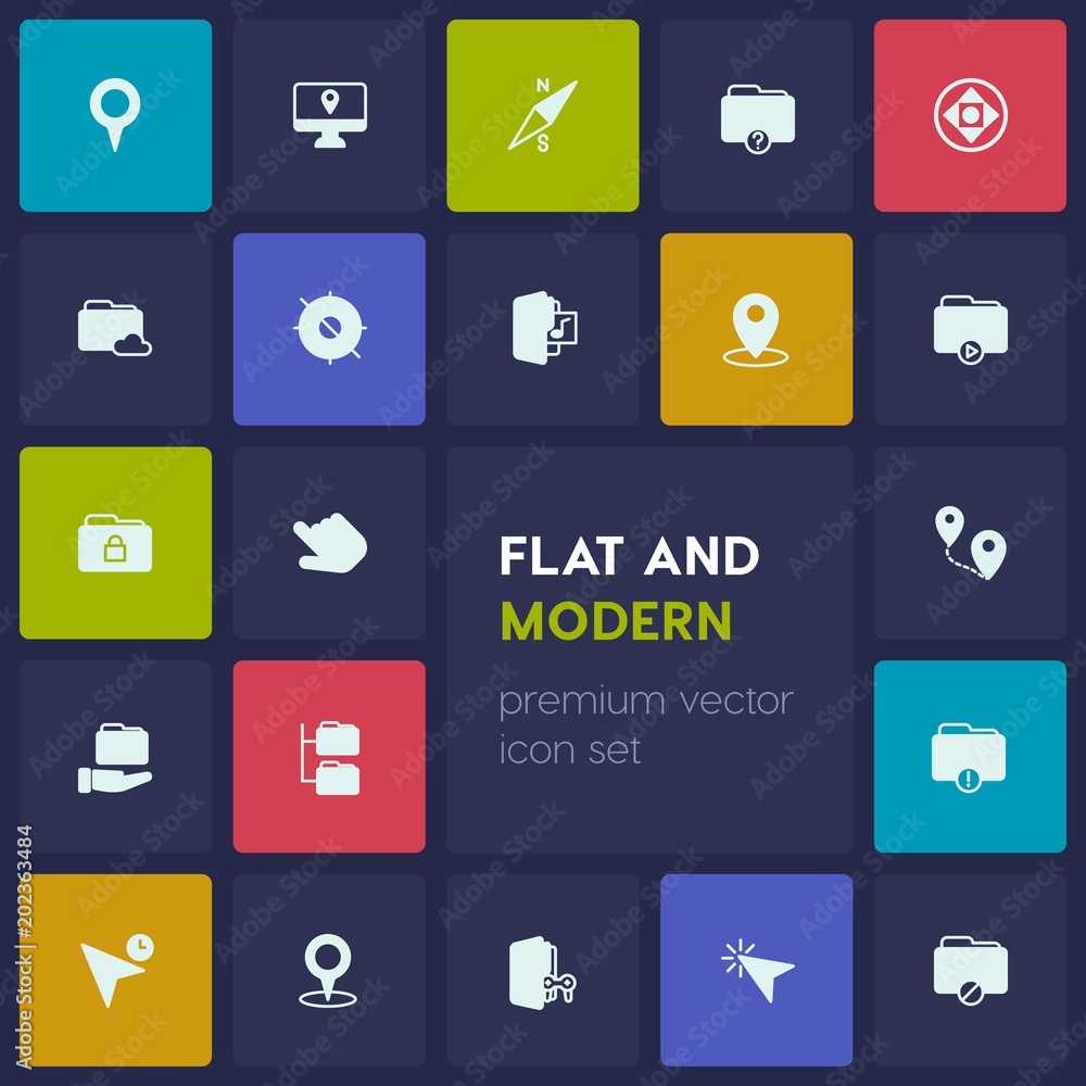Poster modern simple set of location, folder, cursors vector fill icons. contains such icons as error, vide