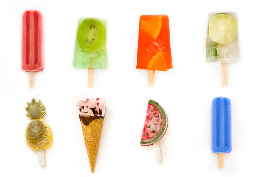 Collage of summer popsicles on white background

