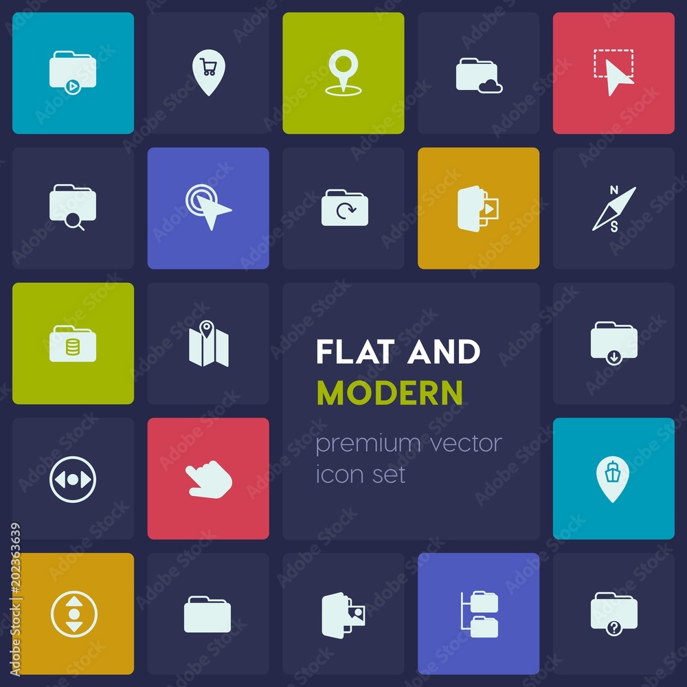 Poster modern simple set of location, folder, cursors vector fill icons. contains such icons as port, cloud