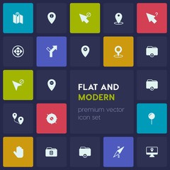 Modern Simple Set of location, folder, cursors Vector fill Icons. Contains such Icons as location, cursor, hand,  information,  scroll, video and more on dark background. Fully Editable. Pixel Perfect