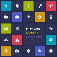 Modern Simple Set of location, folder, cursors Vector fill Icons. Contains such Icons as click, delete, location,  business, target,  money and more on dark background. Fully Editable. Pixel Perfect
