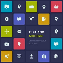 Modern Simple Set of location, folder, cursors Vector fill Icons. Contains such Icons as  pin,  media,  arrow,  location, target,  sign,  add and more on dark background. Fully Editable. Pixel Perfect