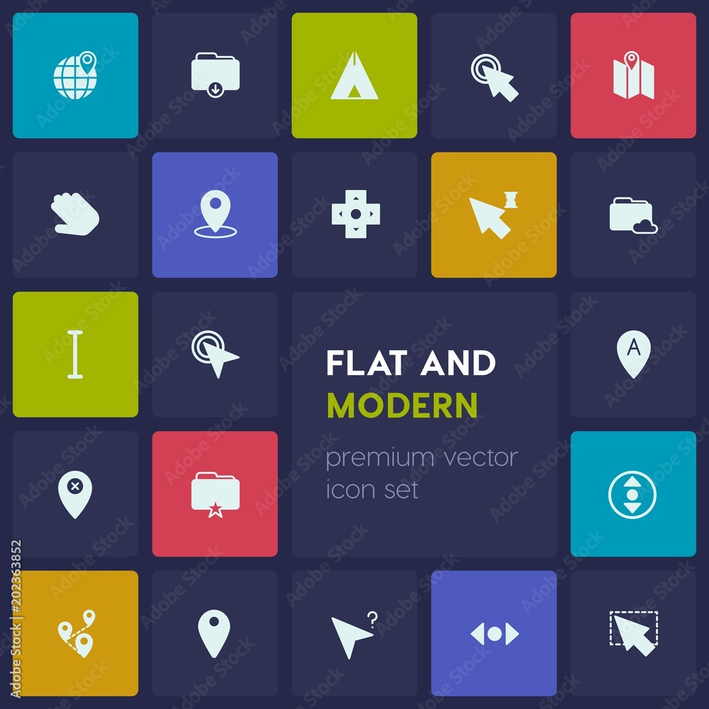Poster modern simple set of location, folder, cursors vector fill icons. contains such icons as multiple, d