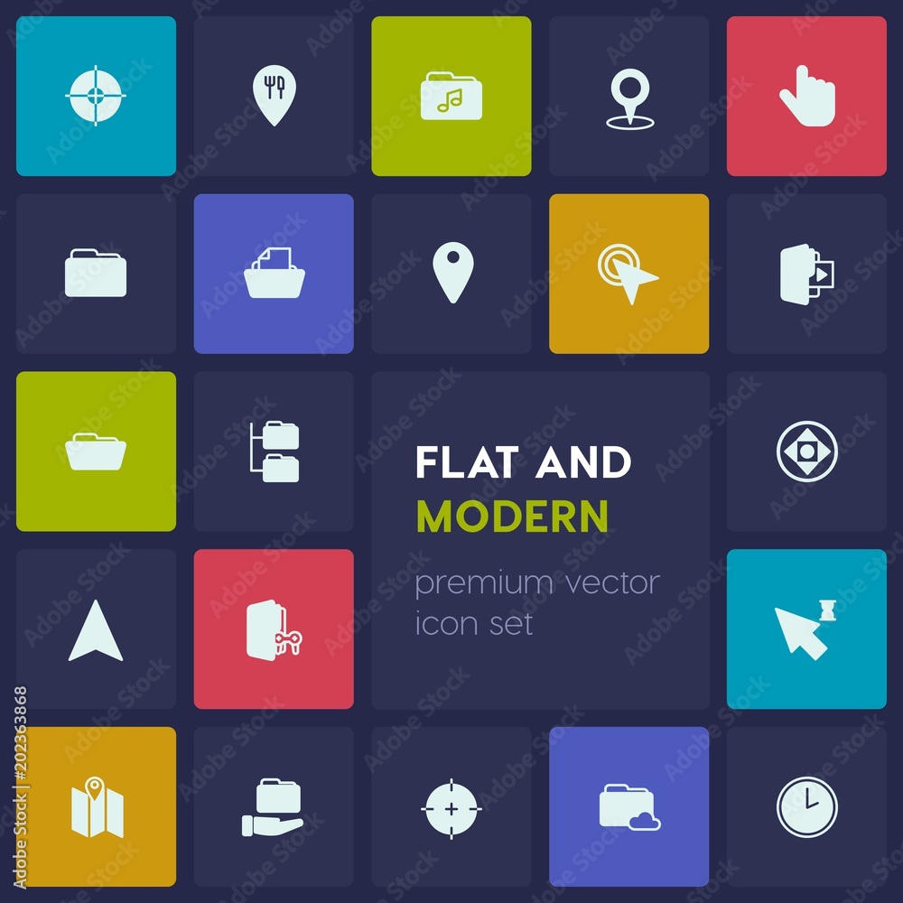 Poster modern simple set of location, folder, cursors vector fill icons. contains such icons as minute, tra