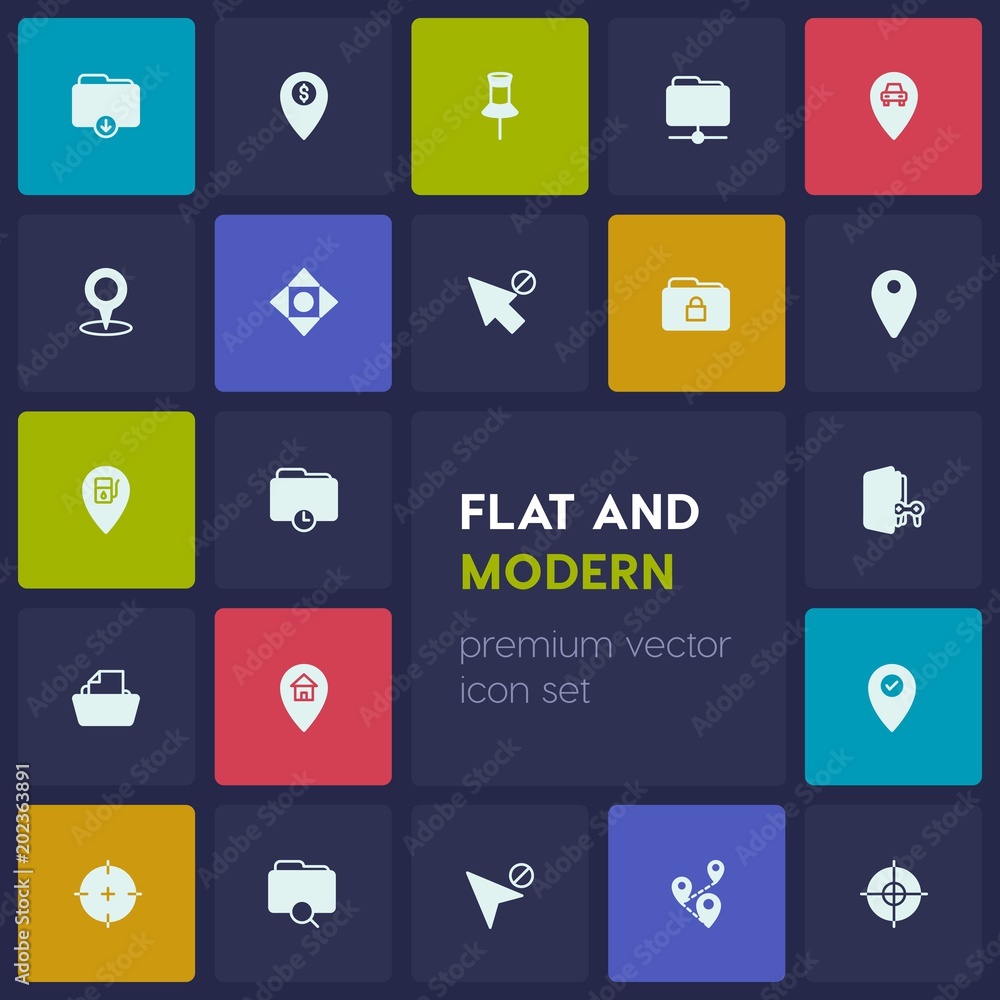 Poster modern simple set of location, folder, cursors vector fill icons. contains such icons as folder, car