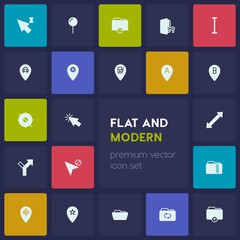 Modern Simple Set of location, folder, cursors Vector fill Icons. Contains such Icons as  folder,  sign,  document,  blank,  airplane,  file and more on dark background. Fully Editable. Pixel Perfect