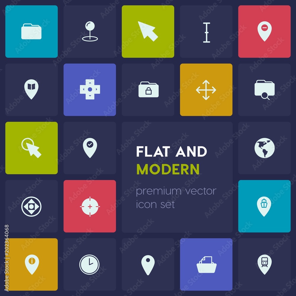 Poster modern simple set of location, folder, cursors vector fill icons. contains such icons as student, po