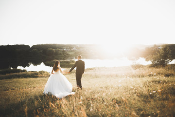 Wedding couple posing on sunset at wedding day. Bride and groom in love