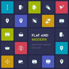Modern Simple Set of location, folder, cursors Vector fill Icons. Contains such Icons as  vertical,  pin,  mouse, cursor, multimedia,  cloud and more on dark background. Fully Editable. Pixel Perfect