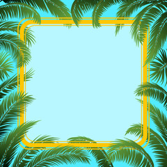 Fototapeta na wymiar Exotic Background, Green Tropical Palm Tree Leaves and Yellow Frame on Blue Sky. Vector