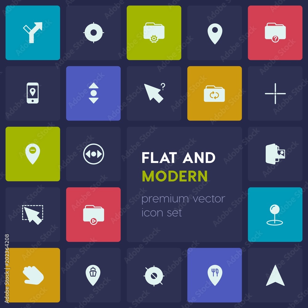 Poster modern simple set of location, folder, cursors vector fill icons. contains such icons as file, trave
