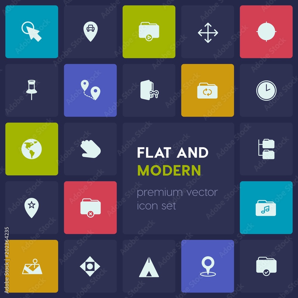 Poster modern simple set of location, folder, cursors vector fill icons. contains such icons as goal, arrow