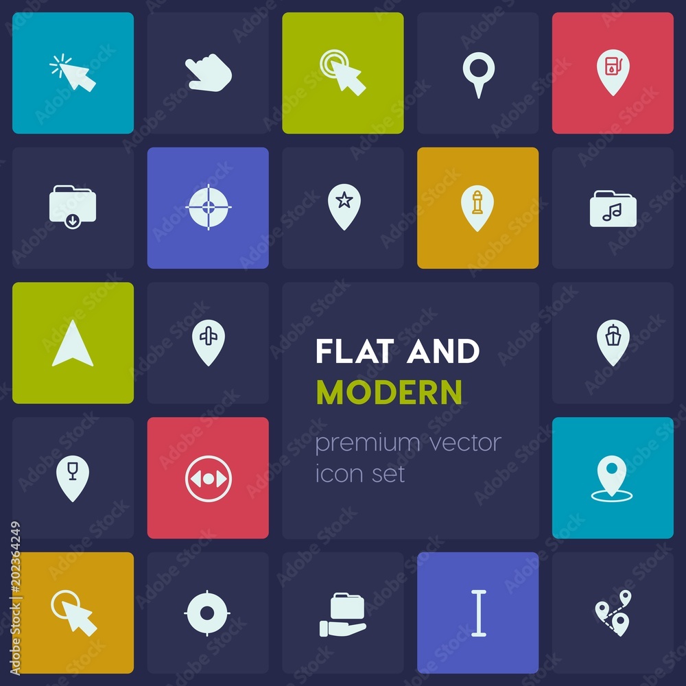 Poster modern simple set of location, folder, cursors vector fill icons. contains such icons as travel, abs