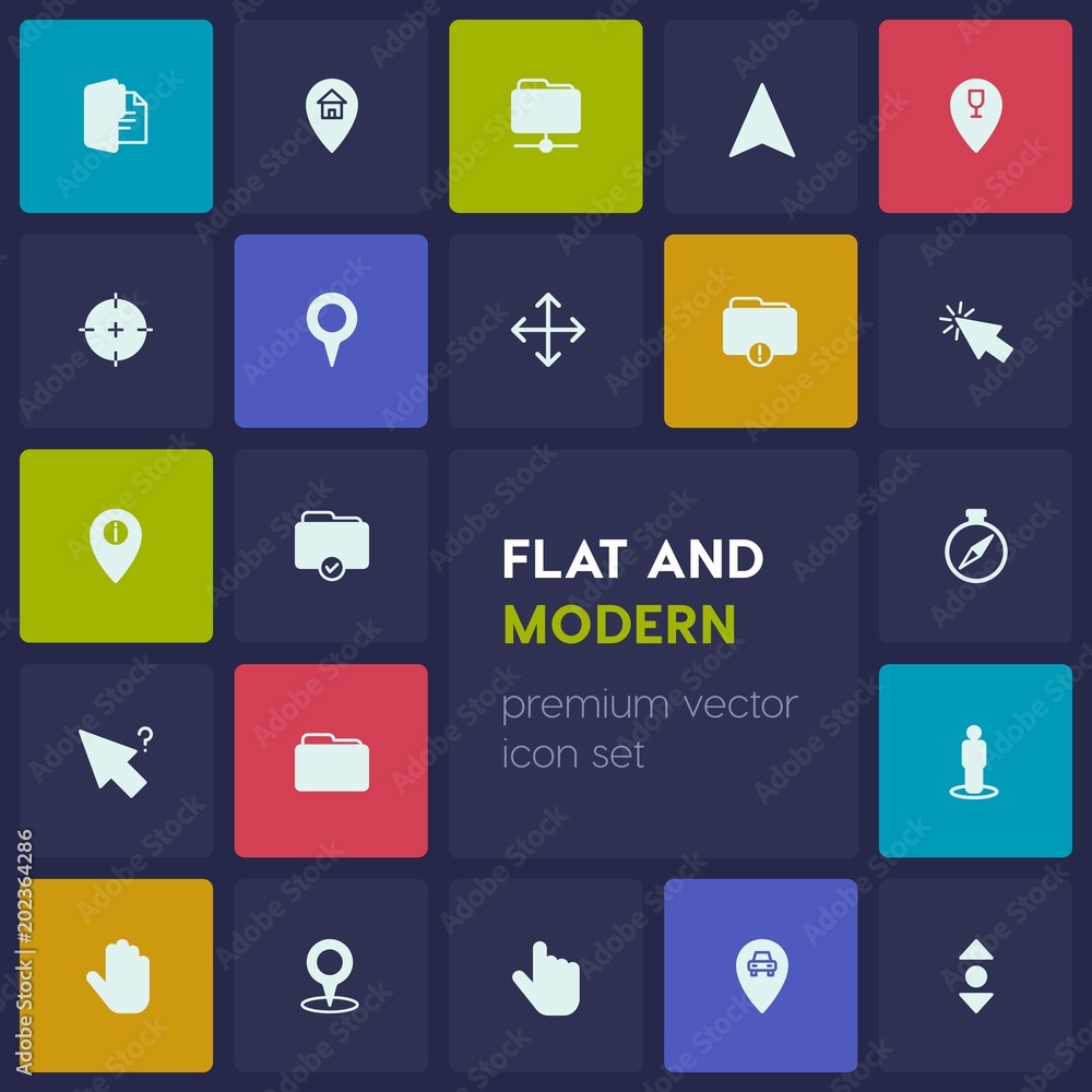Poster modern simple set of location, folder, cursors vector fill icons. contains such icons as sign, click