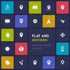 Modern Simple Set of location, folder, cursors Vector fill Icons. Contains such Icons as mobile, direction, hospital, location,  education and more on dark background. Fully Editable. Pixel Perfect