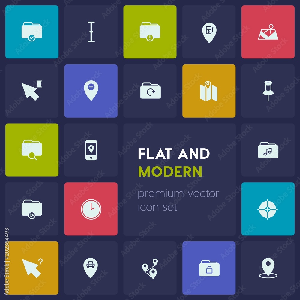 Poster modern simple set of location, folder, cursors vector fill icons. contains such icons as search, mus