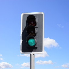 Important traffic sign for vehicles and pedestrians. The green light means go ahead!
