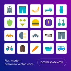 Modern Simple Set of transports, food, clothes Vector flat Icons. Contains such Icons as light,  clothes,  bus,  dessert, clothing,  food and more on gradient background. Fully Editable. Pixel Perfect