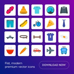 Modern Simple Set of transports, food, clothes Vector flat Icons. Contains such Icons as  lunch,  sport,  hot,  city,  skate, winter, air and more on gradient background. Fully Editable. Pixel Perfect