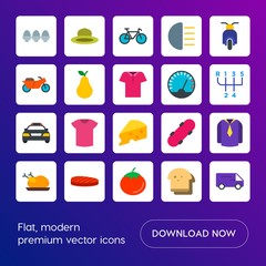 Modern Simple Set of transports, food, clothes Vector flat Icons. Contains such Icons as  breakfast,  closeup,  easter,  egg,  fashion and more on gradient background. Fully Editable. Pixel Perfect