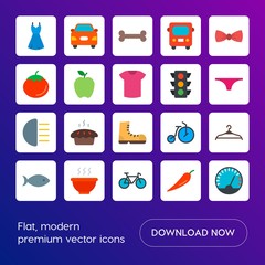 Modern Simple Set of transports, food, clothes Vector flat Icons. Contains such Icons as  dress, speed,  food,  bicycle, fashion,  lunch and more on gradient background. Fully Editable. Pixel Perfect