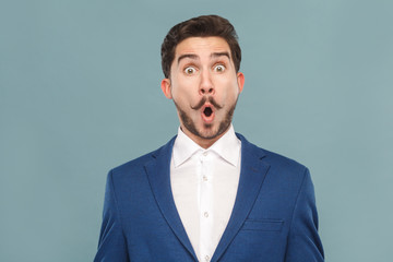 Closeup portrait of amazement manager open mouth and big eyes