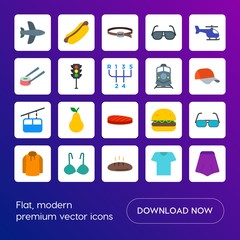 Modern Simple Set of transports, food, clothes Vector flat Icons. Contains such Icons as  bakery,  aircraft,  sunglasses,  fashion,  food and more on gradient background. Fully Editable. Pixel Perfect