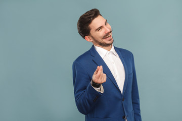 Give me money. Foxy businessman toothy smiling