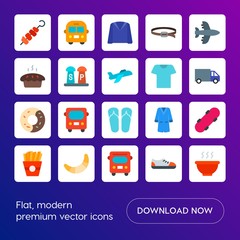 Modern Simple Set of transports, food, clothes Vector flat Icons. Contains such Icons as  skate,  hot, jacket,  white,  fashion,  royal and more on gradient background. Fully Editable. Pixel Perfect