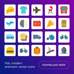 Modern Simple Set of transports, food, clothes Vector flat Icons. Contains such Icons as  hamburger, template,  vessel,  shirt, bike, air and more on gradient background. Fully Editable. Pixel Perfect