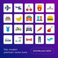 Modern Simple Set of transports, food, clothes Vector flat Icons. Contains such Icons as  beef,  trousers,  bike,  potato,  sky,  spicy and more on gradient background. Fully Editable. Pixel Perfect