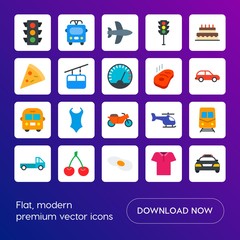 Modern Simple Set of transports, food, clothes Vector flat Icons. Contains such Icons as  safety, subway,  metrobus,  t-shirt,  red, car and more on gradient background. Fully Editable. Pixel Perfect