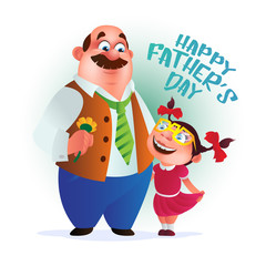 Obraz na płótnie Canvas Greeting card or poster to Happy Father's Day. Dad with flower stands with his daughter. Vector illustration isolated on white. Perfect to use in advertising or web design and others creative projects