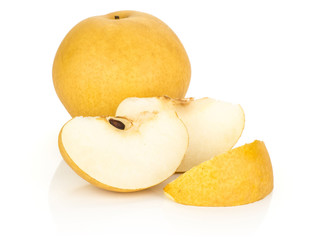 One Chinese golden pear three slices Nashi variety isolated on white background.