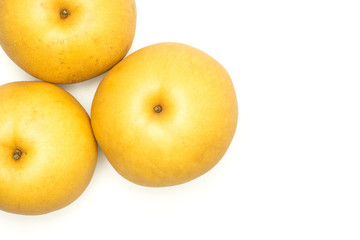 Chinese golden pears Nashi variety top view isolated on white background three round.