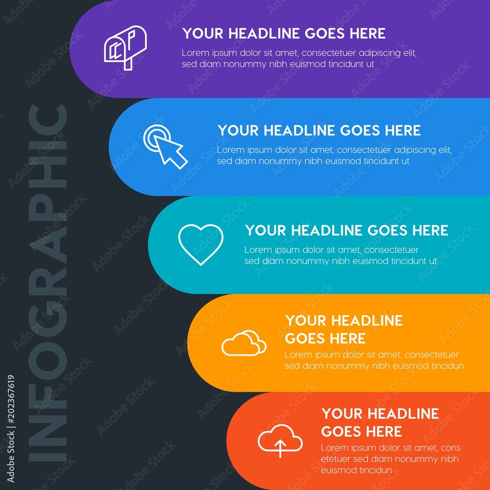 Aufkleber flat cloud and networking, cursors, email infographic steps template with 5 options for presentation