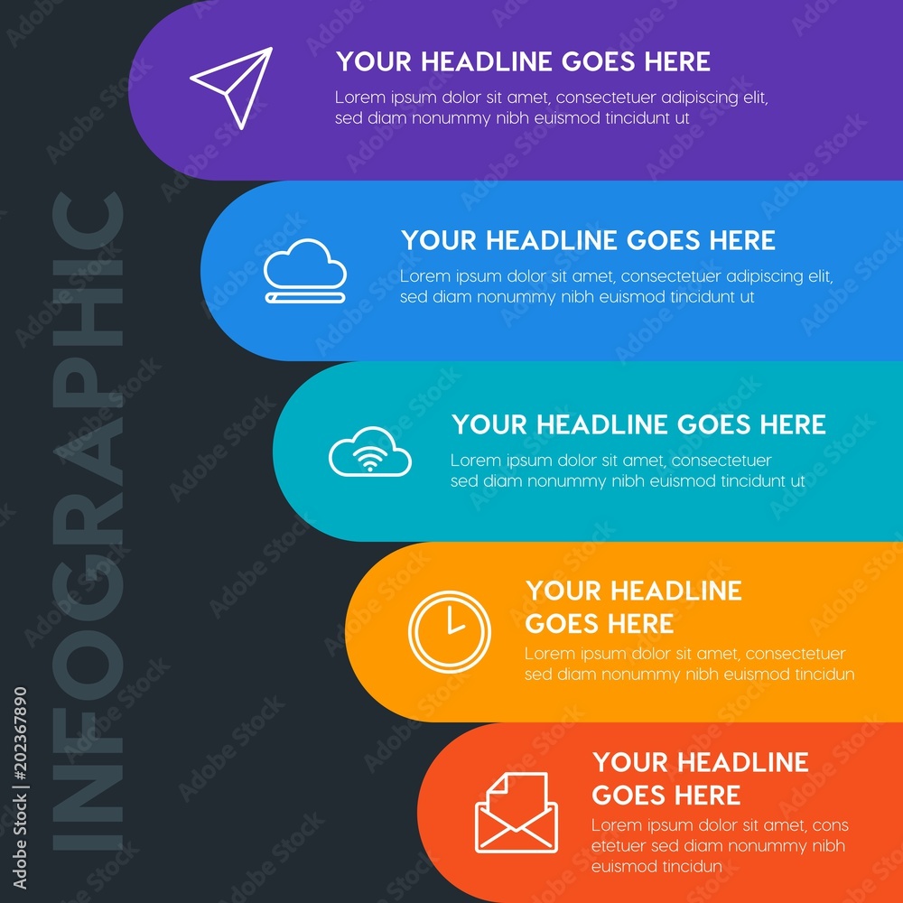 Poster flat cloud and networking, cursors, email infographic steps template with 5 options for presentation