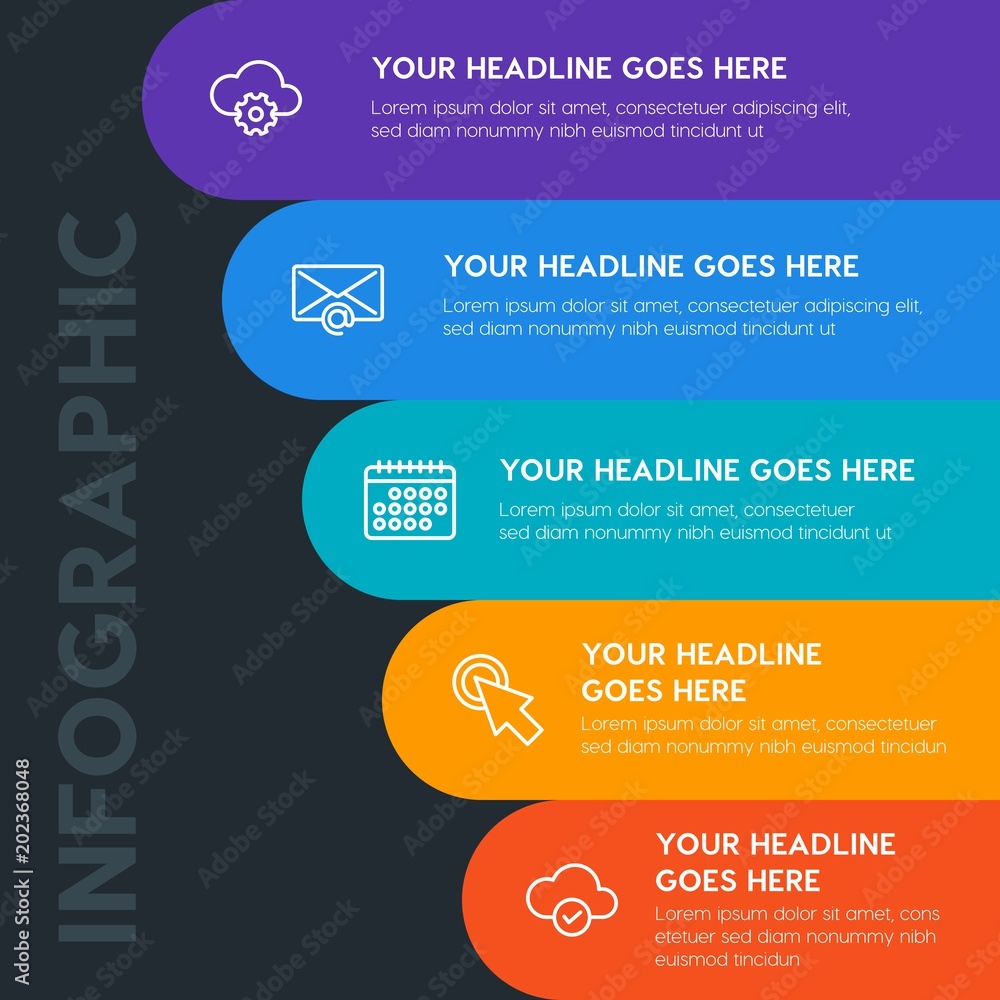 Poster flat cloud and networking, cursors, email infographic steps template with 5 options for presentation