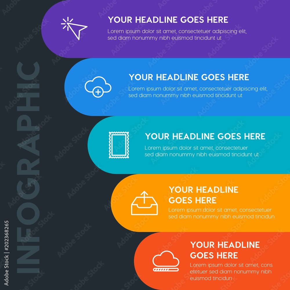 Aufkleber flat cloud and networking, cursors, email infographic steps template with 5 options for presentation