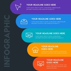 Flat cloud and networking, cursors, email infographic steps template with 5 options for presentations, advertising, annual reports.