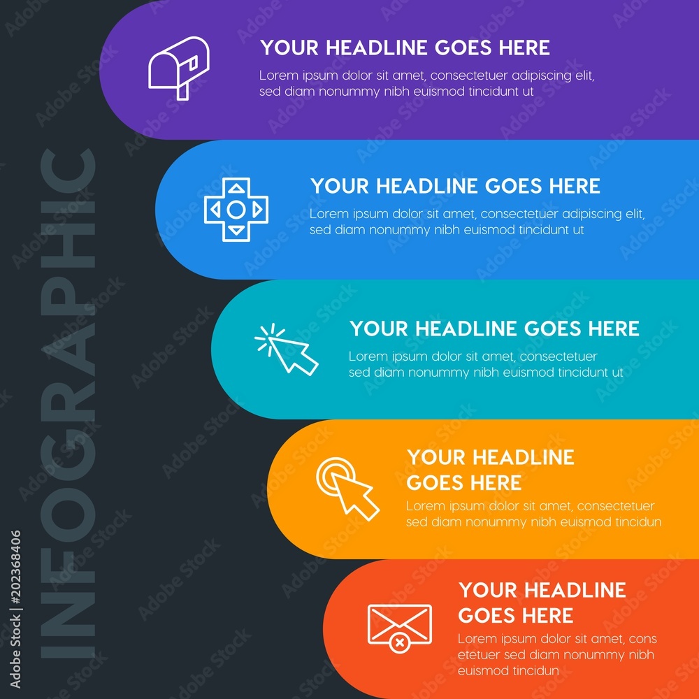 Poster flat cloud and networking, cursors, email infographic steps template with 5 options for presentation