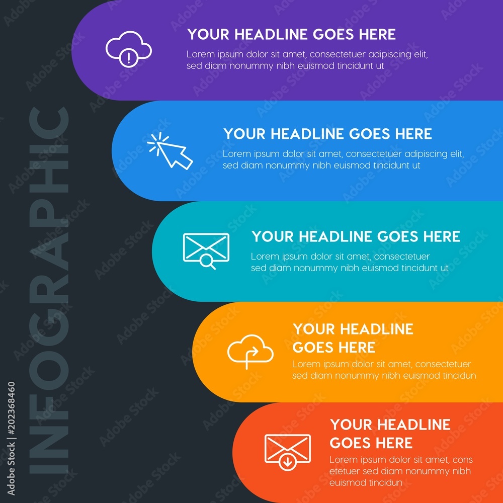Poster flat cloud and networking, cursors, email infographic steps template with 5 options for presentation