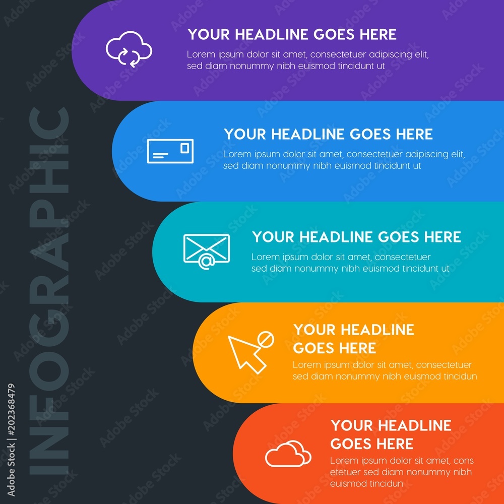 Poster flat cloud and networking, cursors, email infographic steps template with 5 options for presentation