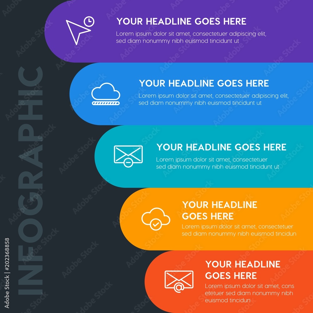 Poster flat cloud and networking, cursors, email infographic steps template with 5 options for presentation