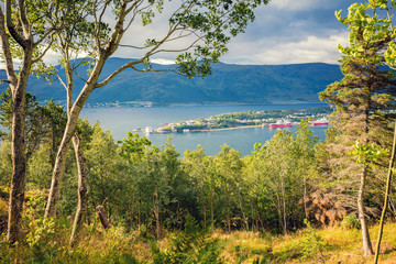 Panoramic view of fjord from mount. Aerial view of Alesund city. Beautiful nature of Norway