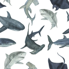 Watercolor painting seamless pattern with sharks. Sea background