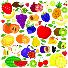 Set of different kinds of fruits icons. Collection of flat design icons presenting different types of fruits isolated on white background.