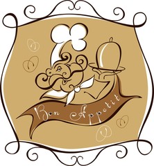 Smiling chef with a tray. Bon appetit text. Template cover menu cafe or restaurant. sketch style vector illustration