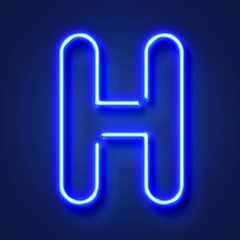 Letter H realistic glowing blue neon letter against a blue background