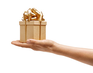 Men's hand holding golden gift box isolated on white background. High resolution product